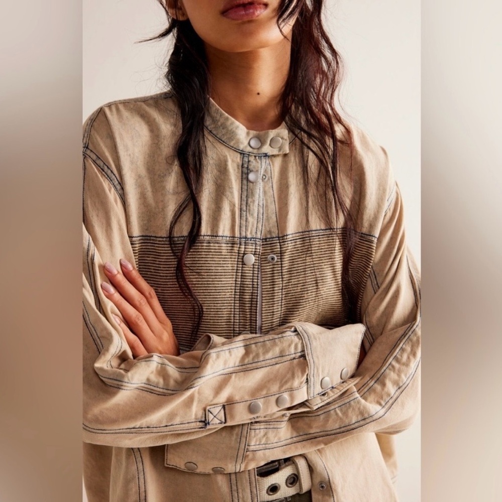 Free People snap front oversized moto shirt